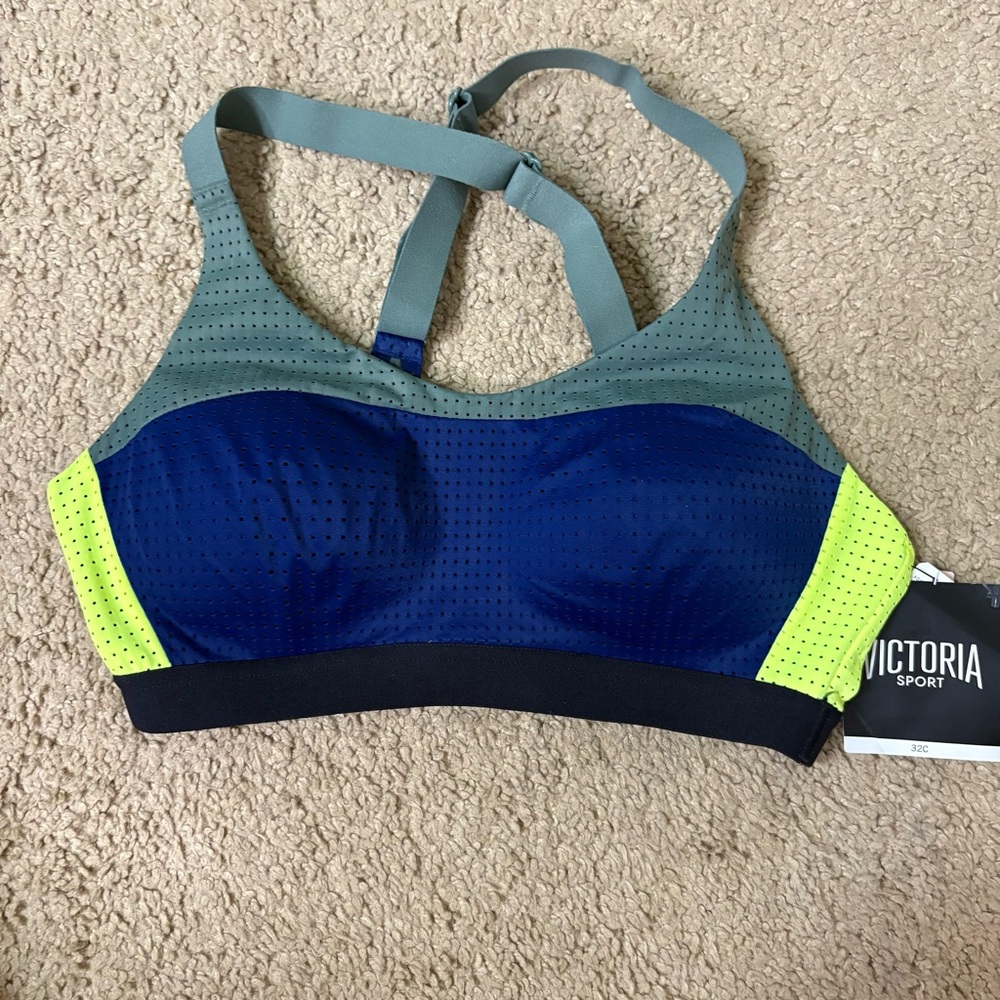 Victoria's Secret Colorblock Sports Bra in Navy, Gray & Neon Yellow